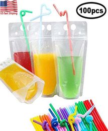 US Fast Shiiping 100pcs Clear Drink Pouches Bags frosted Zipper Standup Plastic Drinking Bag with straw with holder Reclosable He3179015
