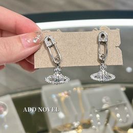 Stud Earrings Western Empress Dowager Silver Saturn Water Drops Long Sparkling Diamond Crystal Ear Studs Clip Two Wear Style Fashion for Women Jewelry Rz88