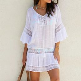 Summer Pareo Beach Cover Up Sexy Swimwear Women Swimsuit Cover Up Kaftan Beach Dress Tunic White Beachwear 240105