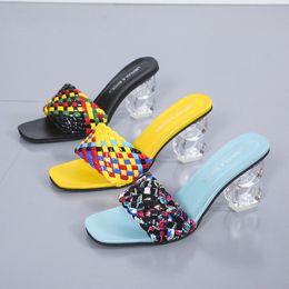 Fashion Woven High Heels Women Korean Square Toe Crystal Transparent Personality Sandals Women's Sexy Party Slippers Ladies Shoes