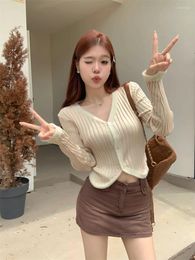 Women's Knits Autumn Women Knit V-Neck Full Sleeve Single Breasted Cardigan Short Slim Sweaters Coat High Stretch Winter Streetwear