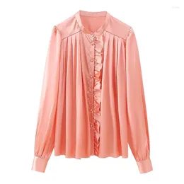 Women's Blouses Women Fashionable Ruffle Embellished Shirt Simple Round Neck Long Sleeved Casual Street Style