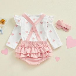 Clothing Sets Baby Girl Valentines Day Outfit Long Sleeve Heart Print Tops Suspender Shorts Headband Spring