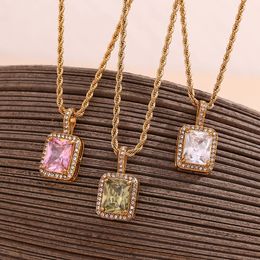 Trendy Rope Chain Square Heart Shape CZ Stone Pendant Necklace For Ladies Pink Green Black White 240105