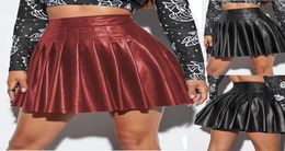 Women039s High Waist PU Leather Pleated Solid Short Mini Skater Skirt S2XL Fashion Clothing Black Red Green Brown Navy Beige8161776