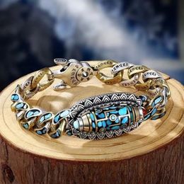 Tibetan Silver SixCharacter Mantra Bracelets 182022CM Retro Blue Colorful Chain Festival Men's Party Jewelry Exquisite Gift 240105