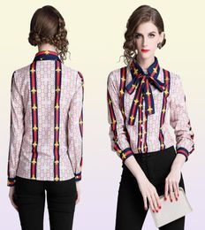 New Women's Printed Shirt With Neck Bow Plus Size Elegant Long Sleeve Ladies Button Blouses Runway Office Designer Shirts Tops2751093