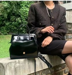 FIRMRANCH Korean Fashion Niche Brand Classic Black Smooth Leather Special Clip Design Women's Backpack Travel Bag Chic Handbag 240106