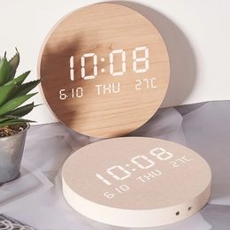 Solid Wooden LED Digital Wall Clocks Table Clock Temperature Date Time Display Alarm Mute Hanging Desk 240106