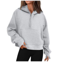 Autumn and Winter Womens Hoodies Solid Colour Loose Short Half Zip Pockets Thumb Hole Long Sleeve Pullover Sweatshirts 240105