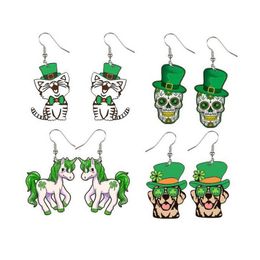 St. Patrick's Day Wood Green Festival Unicorn Cat Dog Skull Clover Lucky Grass Earrings