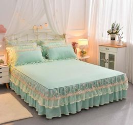 Blue Pink Beige Lace Bed Skirt Home Textile Solid Princess Bedspread Pillowcases Korean Fitted sheet 151820 Mattress Cover5248440