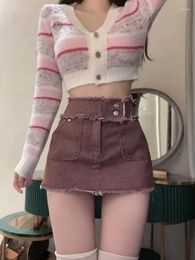 Skirts Girl Retro High Waist Slim Denim Skirt Women's 2024 Summer Korean A-line Short Ins Clothes Faldas Y2k Woman