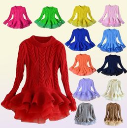 Retail 13 colors kids designer clothes girls organza knitted sweater princess dress Autumn Winter luxury Christmas party boutique 4030073