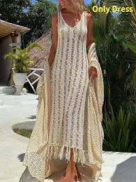 Summer Beach Clothes 2023 Fringe Tassel Knitted Cover Up Cover-ups Beach Wear Sexy Vestidos Hollow Out Robe Long Dress