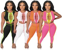 WomenTwo Piece Sets Summer Designer Fashion Women039s Round Neck Multi Colour Bandage Colour Matching Pit Strip Vest Leggings Sui8515009