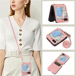 Luxury Shoulder Vegan Leather Vogue Phone Case for Samsung Galaxy Folding Z Flip 5 4 3 5G Durable Sturdy Lanyard Strap Stylish Dual Card Slot Wallet Fold Shell Anti-fall