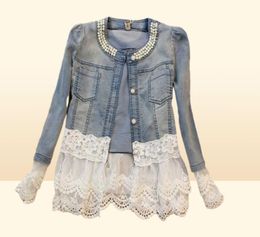 Elegant lace denim jacket coat women Casual short basic jacket Beading Patchwork Slim jean jackets Plus size 4XL X07267318555