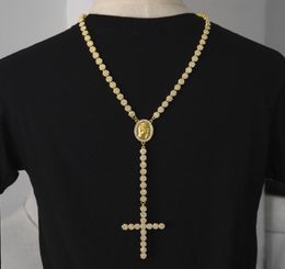 Men Luxury Long Necklace Gold Silver Full Iced Out Rhinestones Jesus Face With Big Pendant Necklace Rosary Punk Jewelry2932480