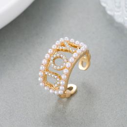 Personalised Gold Colour Pearl Ring With Name Adjustable Open Design Cuban Chain Letter Zircon Rings For Women Girl 240106