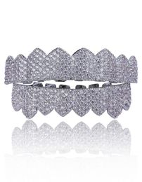 Micro Pave Cubic Zirconia Silver Gold Color Teeth Grills Hiphop Rocker Halloween Iced Out Caps TopBottom Fang Grills Set Bling Te8992945