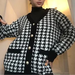 Wool Houndstooth Cardigan Sweater Women Long Sleeve VNeck Button Up Black White Cheque Knit Top Autumn Winter Classic Outfit 240105