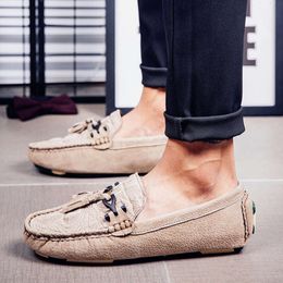Summer Classic Khaki Men's Suede Moccasins Breathable Soft Loafers Genuine Leather Slip-on Flat Shoes Casual Men Zapatos Hombre