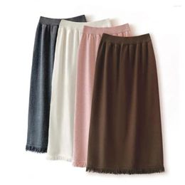 Skirts Straight Leg Shape Skirt Fall Elegant High Waist Knitted Winter With Tassel Decor Pleated Sheath Design For Women