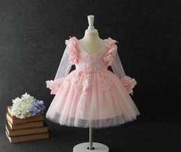 Girls lace dresses kids floral embroidery long sleeve princess party clothing children stereo petal tulle tutu dress Ball Gown A007720153