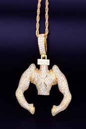 Gold Big Block Flexing Pendant Cuban Chain Necklace Silver Colour Cubic Zirconia Men039s Hip hop Rock Jewellery 52x5cm7990733