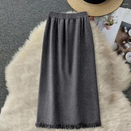 Skirts Women Flall Winter Skirt Knitted Elastic High Waist Solid Tassel Decor Sheath Straight Pleated Mid Length Anti-shrink Midi