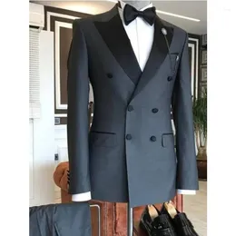 Men's Suits Custom Made Grey Double Breasted Blazer Trousers Men For Business Male Jacket Groom Tuxedo 2Pcs Wide Peaked Lapel