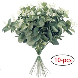 10pcs 12 Eucalyptus Leaves Bunch Branch Artificial Plastic Plants Leaves Green Stems Wedding Faux Fake Flowers Cake DIY Decor 240106