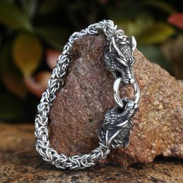 Stainless Steel Nordic Viking Jewelry Odin Wolf Head Mens King Chain Bracelet 240105