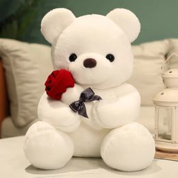 Kawaii Teddy Bear with Roses Plush Toy Soft Bear Stuffed Doll Romantic Gift for Lover Home Decor Valentines Day Gifts for Girls 240105