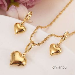 Designer Necklace 24 k Yellow Solid Gold Filled Lovely heart Pendant Necklaces earrings Women girls party jewelry sets gifts diy charms