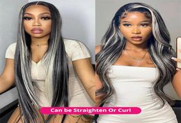 2432 Inch Grey Long Highlight Human Hair Wig Ombre Transparent HD Lace Front Wig 13x4 Curly Hair Women039s Natural Hairline Fa3693636