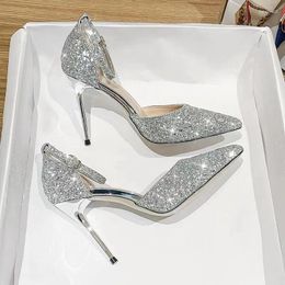 Dress Shoes Korean Version Of Silver High Heels 9cm French Hollow Girl Thin Heel Crystal Pointed One-line Buckle Women's Single