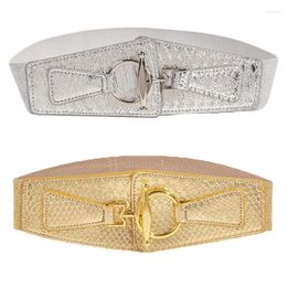 Belts Women Wide Elastic Waist Belt Faux Leather Stretch Metallic Corset With Buckle