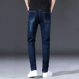 Men's Jeans Fleece Stretch Slim Pants Straight Leg With Pocket Zipper Regular Trousers For Man High Street Vintage Male