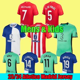 Atletico Madrids Soccer Jerseys GRIEZMANN Football Shirt 2023 2024 Memphis M.LLORENTE DE PAUL Football jerseys Men kids Camiseta De Futbol fans Player set unifomrs