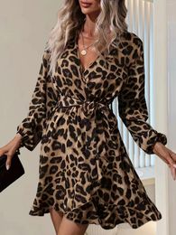 Casual Dresses Leopard Print V-neck Belted Dress Elegant Lantern Sleeve Ruffle Hem For Spring & Fall Women's Clothing