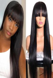 Lace Front Wigs Brazilian Remy HumanHair Bangs 828 inch Pre Plucked Natural Black Straight Full Machine Made 180 Natural hair en3423360