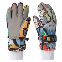 Kids Ski Gloves Boys And Girls Winter Doodle Nonslip Thicken Warm Waterproof Children Ski Gloves Snow Mitten 240105