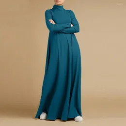 Casual Dresses A-line Dress Elegant High Collar Maxi For Women Plus Size Solid Colour Soft Elastic Pullover Long Sleeve Lady