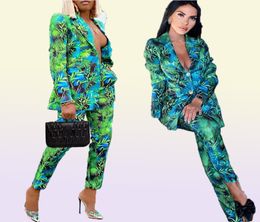 Outono feminino calça ternos verde selva impressão blazer vintage streetwear manga longa casaco e calças de cintura alta 2 peça set7055367