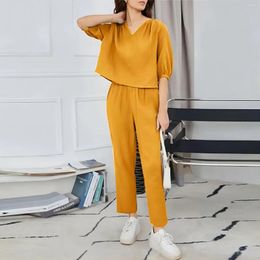 Women's Two Piece Pants Summer Cotton Linen Set For Fashionable V-neck 7-quarter Sleeve Casual Loose Top Pencil 2-piece Suit Women 2024