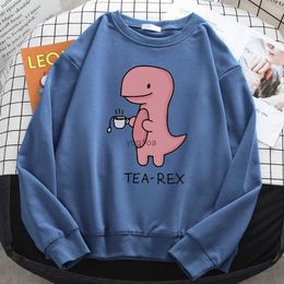 Women's Hoodies Sweatshirts Autumn Funny Sweatshirts For Women Funny Dinosaur Drink Coffee Printing Hoodies Fleece Soft Pullovers Loose Warm Ladies Clothing