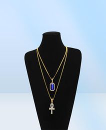 Egyptian Ankh Key of Life Bling Rhinestone Pendant With Red Ruby Pendant Necklace Set Men Hip Hop Jewellery 4195275