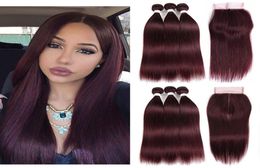 99J Coloured Human Hair Bundles with Closure Silky Straight 99J Dark Wine Red Colour Brazilian Hair Weaves PreColored Hair Extens9621744